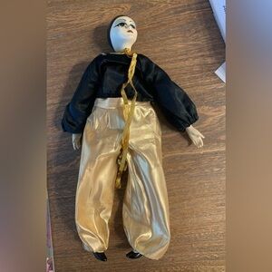 Vintage Art Deco Italian Porcelain Pierrot Harlequin Clown Doll Black Gold
